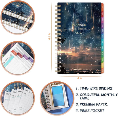 Pocket Calendar 2026-2027 - Pocket Planner 2026-2027, Jul. 2026 - Jun. 2027, 4.1'' × 6.8'', Weekly & Monthly Pocket Planner for Purse, Pocket Planner with 12 Colourful Monthly Tabs, Strong Twin-wire Binding, Galaxy Cover