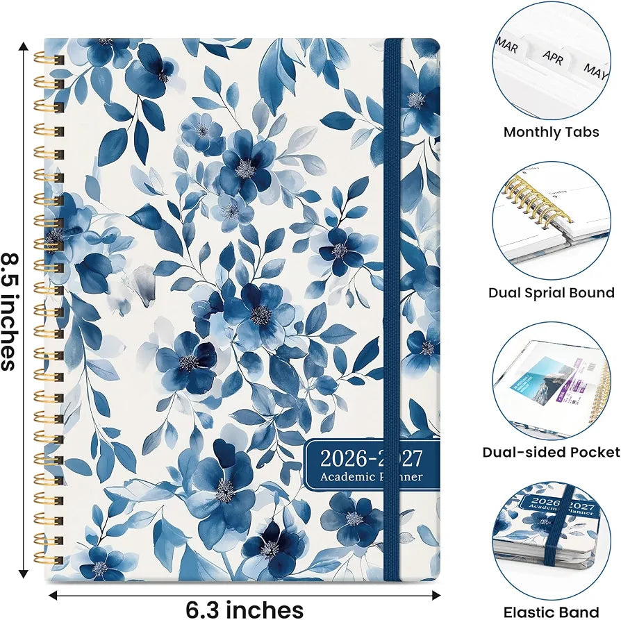 Planner 2026–2027, Academic Planner Weekly and Monthly Calendar Jul 2026 – Jun 2027 Hardcover Planner with Tabs and Pocket, Spiral Bound Agenda Book for Student & Teacher, 6.3" x 8.5", Watercolor Blue Floral
