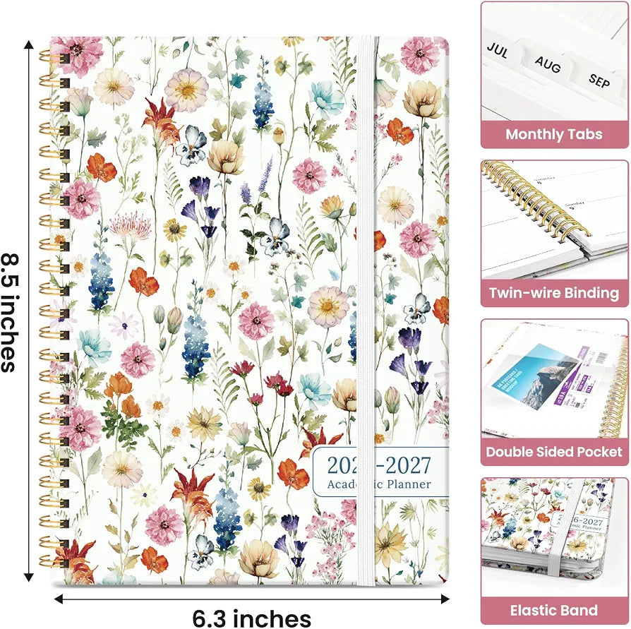 Planner 2026-2027, Academic Year Monthly and Weekly Calendar Planner, Jul 2026 - Jun 2027, Hardcover Teacher Student Planning Agenda book with Tabs, Perfect for School Office Supplies, 6.3" x 8.5" - Wildflowers