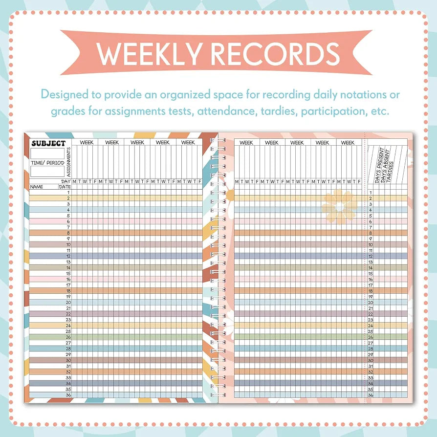 Fuyoooo Teacher Record Book Teacher Grade Books 2026-2027 Spiral Bound Record Planner 2026 Class Grade Book Office Favors for Classroom Attendance Decoration Double Sided