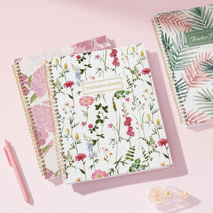 SUNEE Teacher Planner 2026-2027 Academic Year, 7 Periods Lesson Plan Book Jul 2026 - Jun 2027, 8.5"x11"Daily Weekly Monthly Organizers Horizontal Layout with Calendars, Bookmark, Tabs, Pocket, Peony
