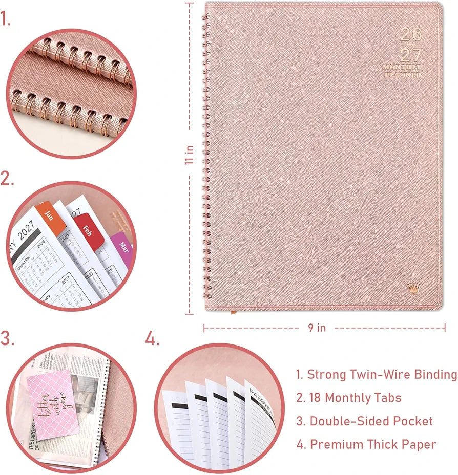 2026-2027 Monthly Planner - 2026-2027 9'' x 11'' Monthly Planner/Calendar from JUL. 2026 - DEC. 2027, 12-Months Calendar Spiral Bound with Soft Leather Cover, 15 Note Pages, Tabs, Inner Pocket