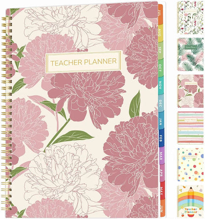 SUNEE Teacher Planner 2026-2027 Academic Year, 7 Periods Lesson Plan Book Jul 2026 - Jun 2027, 8.5"x11"Daily Weekly Monthly Organizers Horizontal Layout with Calendars, Bookmark, Tabs, Pocket, Peony