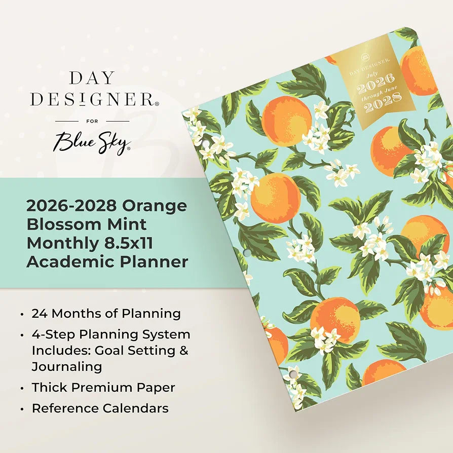 Blue Sky Day Designer 2026-2028 Monthly Academic Year 24 Month Planner Calendar, July 2026 - June 2028, 8.5" x 11", Flexible Cover, Stapled Binding, Orange Blossom Mint