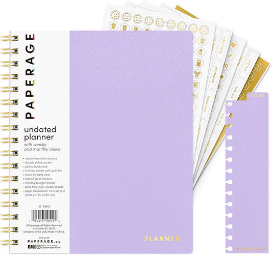 PAPERAGE Undated 12 Month Weekly & Monthly Planner with Durable Cover & Spiral Binding, 7.5 in x 9 in, Productivity Planner with Note Pages, Goals & Budget Trackers, Stickers & Bookmark 