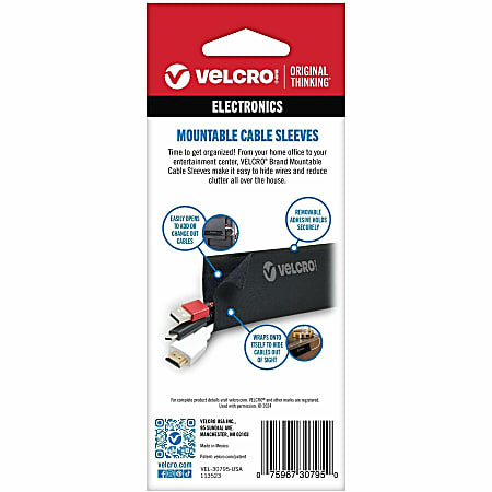 VELCRO® Brand Mountable Cable Sleeves, 8” x 4-3/4”, Black, Pack Of 2 Sleeves, VEL-30795-USA
