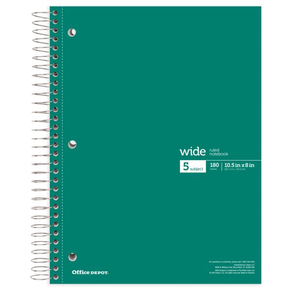 Wirebound Notebooks, 8" x 10-1/2", 5 Subjects, Wide Ruled, 180 Sheets, Assorted Colors, Pack Of 6 Notebooks