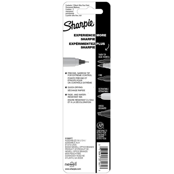 Sharpie Permanent Ultra-Fine Point Markers, Black, Pack of 2 Markers
