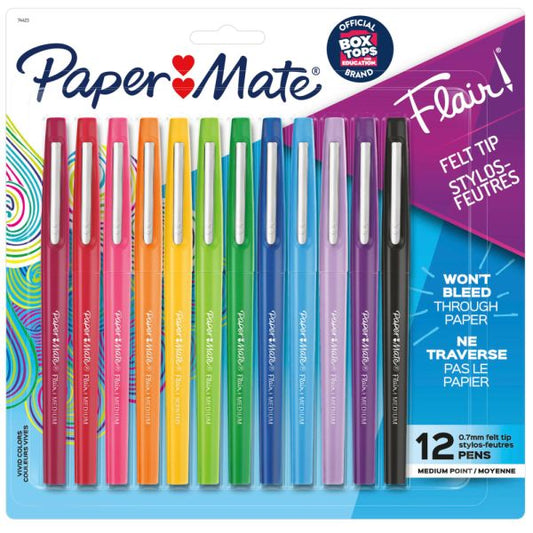 Paper Mate Flair Porous-Point Pens, Medium Point, 0.7 mm, Assorted Ink Colors, Pack Of 12 Pens