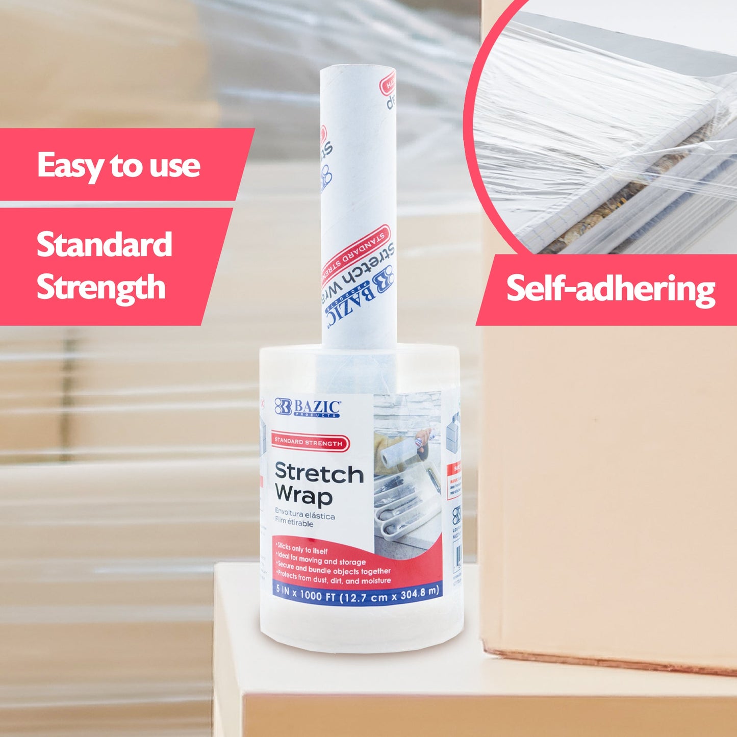 Clear Stretch Wrap Film with Handle, 5 in x 1000 ft