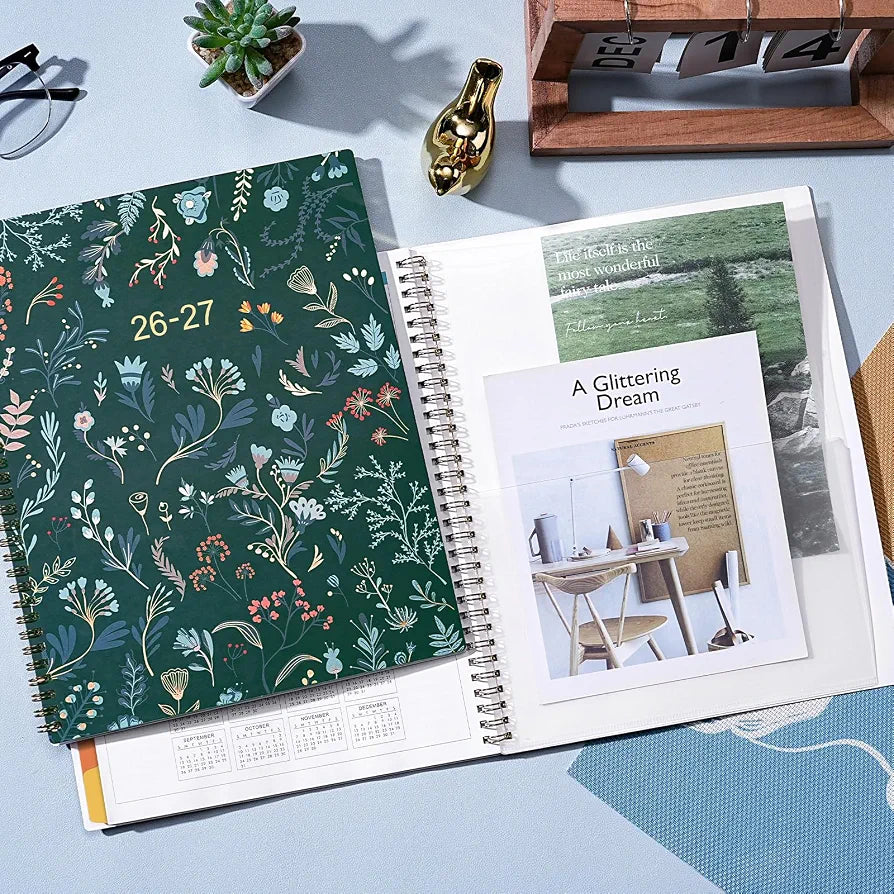 2026-2027 Monthly Planner - Planner 2026-2027, Monthly Calendar 26-27, Jul. 2026 - Dec. 2027, 9" x 11", 18 Month with Colourful Tabs & Pocket, Flexible Cover, Twin-Wire Binding, Thick Paper - Green