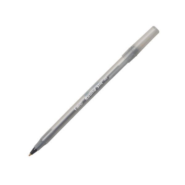 BIC Round Stic Ballpoint Pens, Medium Point, 1.0 mm, Translucent Barrel, Black Ink, Pack Of 12