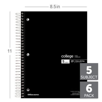 Wirebound Notebooks, 8 1/2" x 11", 5 Subjects, College Ruled, 180 Sheets, Assorted Colors, Pack Of 6 Notebooks