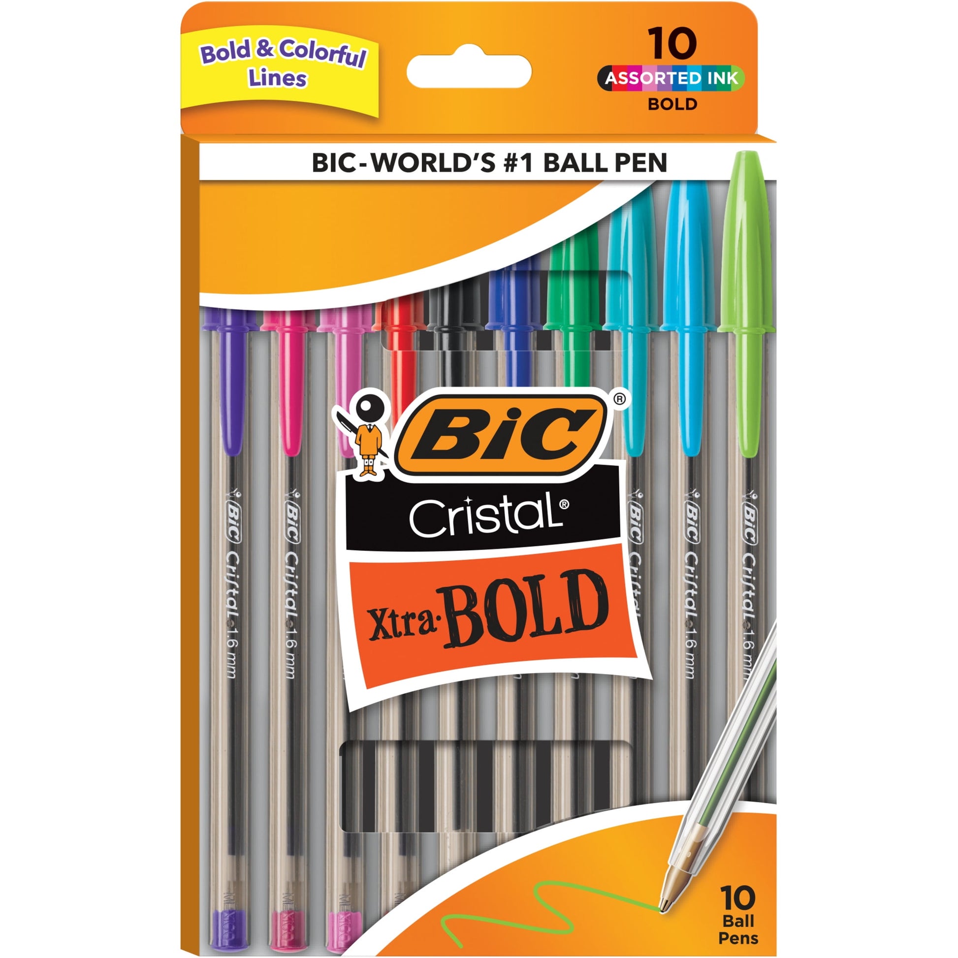 BIC Cristal Xtra Bold Point Ball Pen, School Supplies, 1.6 mm, Assorted Ink, 10-Count