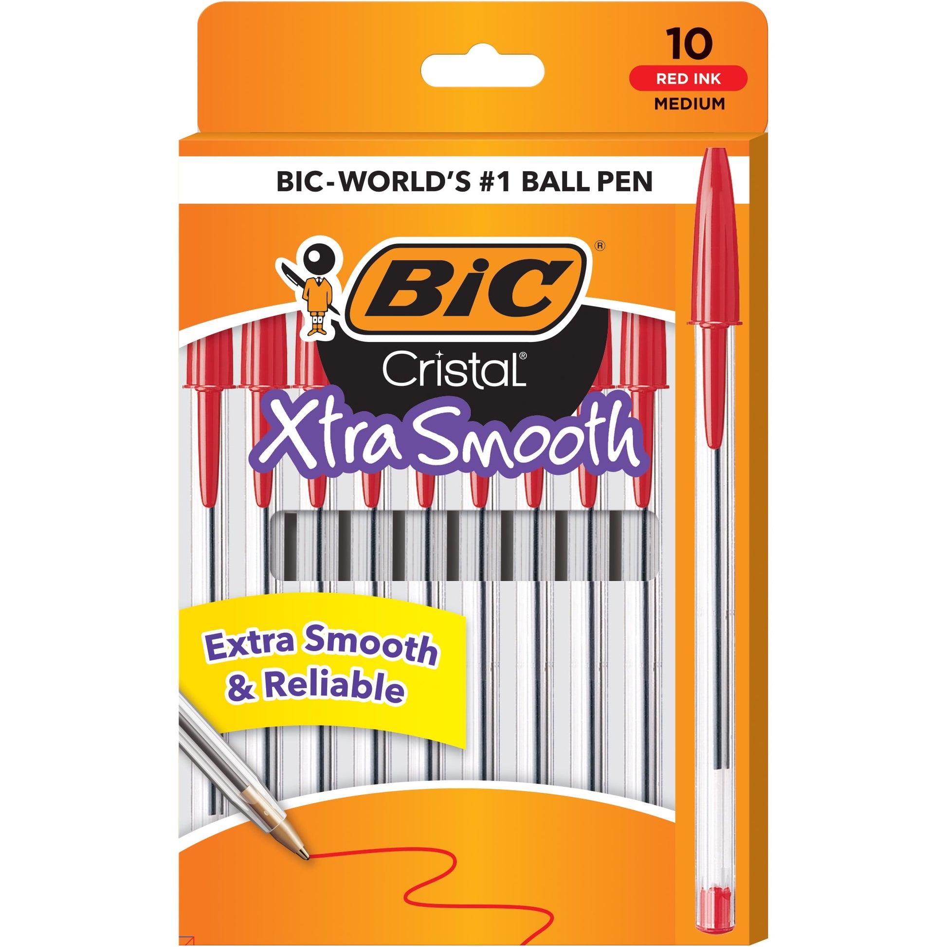 BIC Cristal Xtra Smooth Medium Point Ball Pen, School Supplies, 1.0 mm, Red Ink, 10-Count