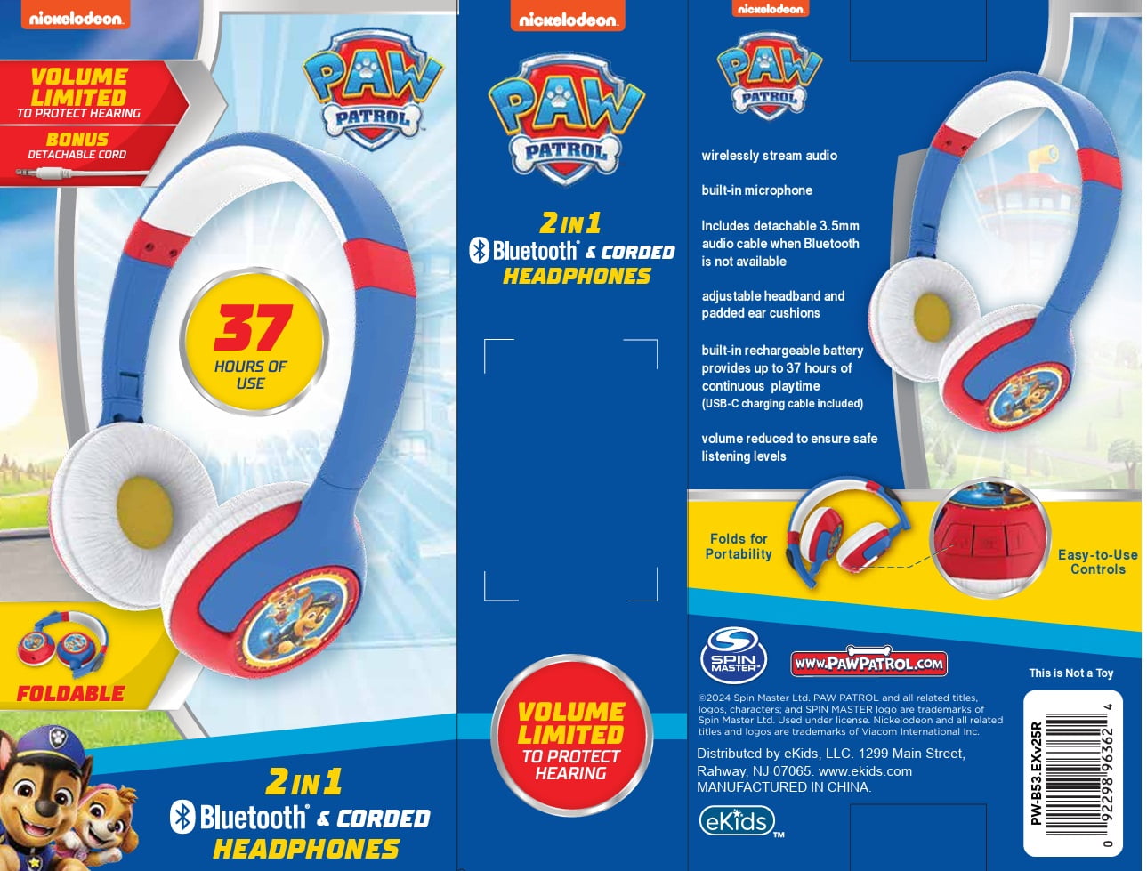 eKids Paw Patrol Wireless Headphonee for kids, Foldable, with Microphone Includes Aux Cord, Earphones