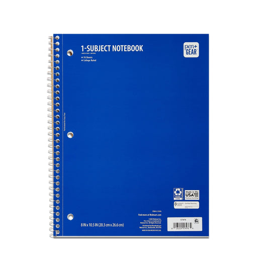 Pen+Gear College Ruled 1-Subject Notebook, 8" x 10.5", Blue, 70 Sheets