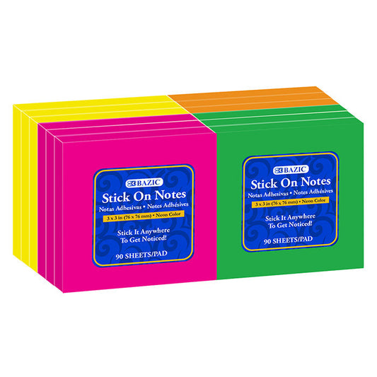 BAZIC 90 Ct. 3" X 3" Neon Stick On Notes (12/Shrink) [5162]