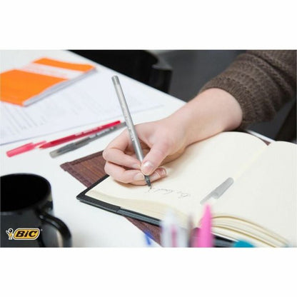 BIC Round Stic Ballpoint Pens, Medium Point, 1.0 mm, Translucent Barrel, Black Ink, Pack Of 12