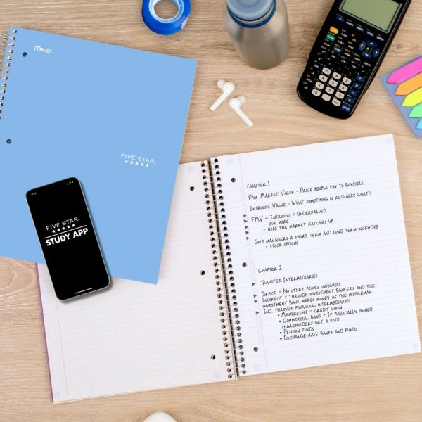 Five Star Spiral Notebook Plus Study App, 3 Subject, College Ruled, 8 1/2" x 11", Sky Blue