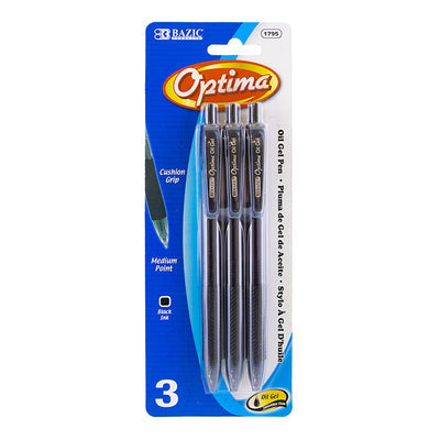 BAZIC Optima Black Oil-Gel Ink Retractable Pen w/ Grip (3/Pack) [1795]
