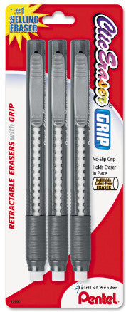 Pentel Clic Eraser Grip Eraser, For Pencil Marks, White Eraser, Randomly Assorted Barrel Color, 3/Pack [PENZE21BP3K6]