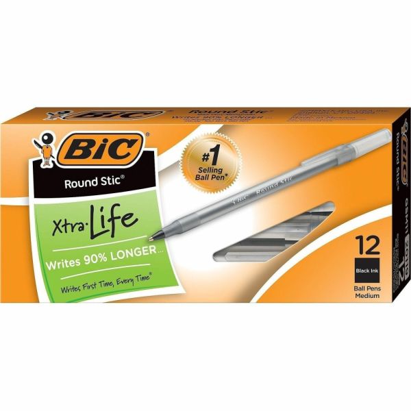 BIC Round Stic Ballpoint Pens, Medium Point, 1.0 mm, Translucent Barrel, Black Ink, Pack Of 12