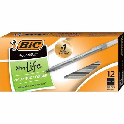BIC Round Stic Ballpoint Pens, Medium Point, 1.0 mm, Translucent Barrel, Black Ink, Pack Of 12