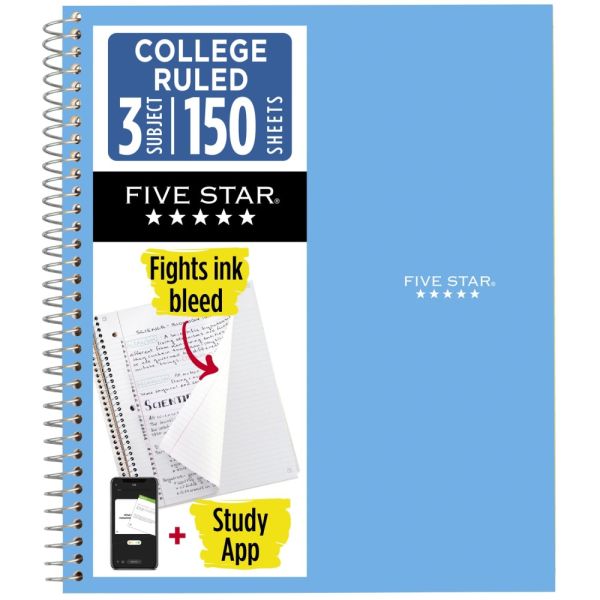 Five Star Spiral Notebook Plus Study App, 3 Subject, College Ruled, 8 1/2" x 11", Sky Blue