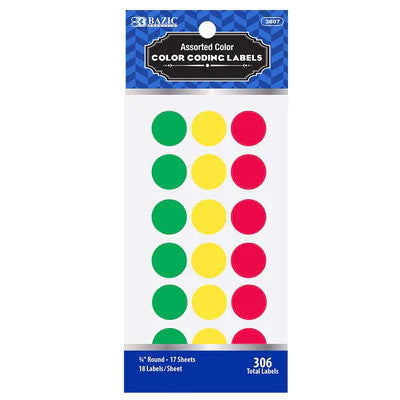 BAZIC Assorted Color 3/4" Round Label (306/Pack) [3807]