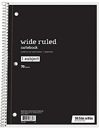 Just Basics Spiral Notebook, 8" x 10 1/2", 1 Subject, Wide Ruled, 70 Sheets, Black [794297]