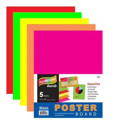 BAZIC 11" X 14" Multi Color Fluorescent Poster Board (5/Pack) [5027]