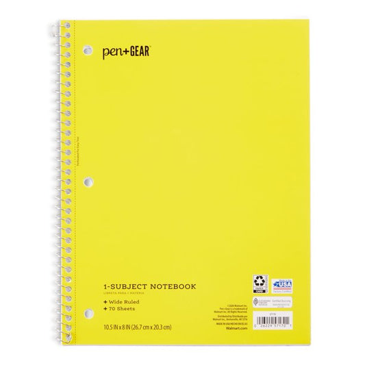 1-Subject Notebook, Wide Ruled, 70 Sheets Yellow [57170]