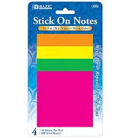 BAZIC Stick On Notes 3" X 3" 40 Ct. (4/Pack) Neon [5103]