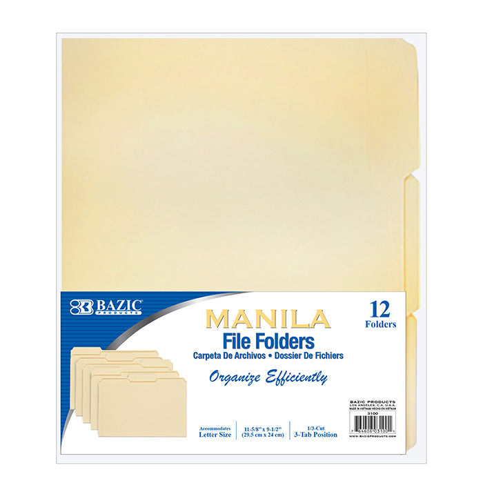 BAZIC 1/3 Cut Letter Size Manilla File Folder (12/Pack) [3100]