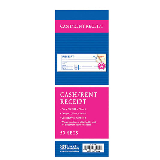 BAZIC 50 Sets 7 1/2" x 2 3/4" 2-Part Carbonless Cash or Rent Receipt Book [5074]