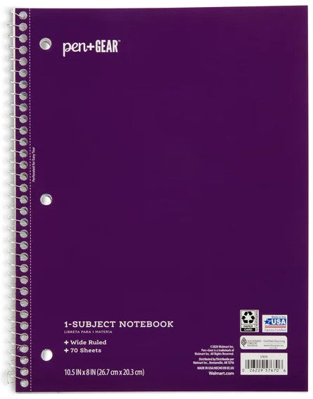 1-Subject Notebook, Wide Ruled, 70 Sheets Purple [57670]