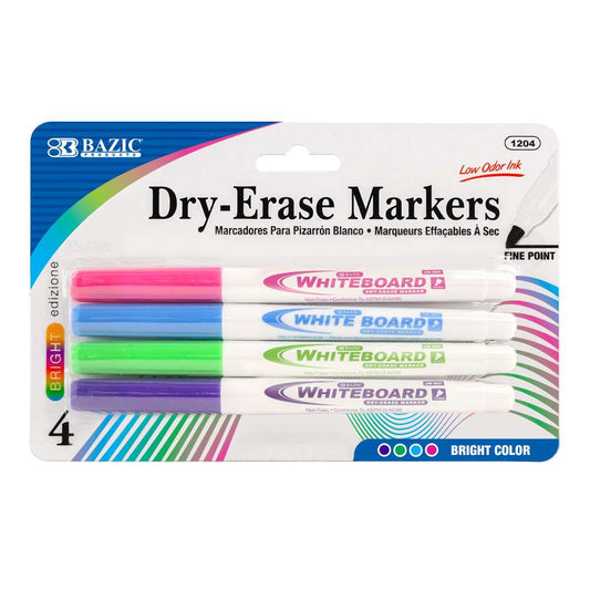 BAZIC Bright Color Fine Tip Dry-Erase Marker (4/Pack) [1204]