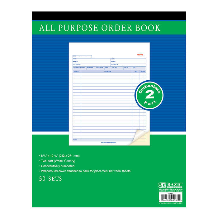 BAZIC 50 Sets 8 3/8" x 10 11/16" 2-Part Carbonless All Purpose Order Book [5081]