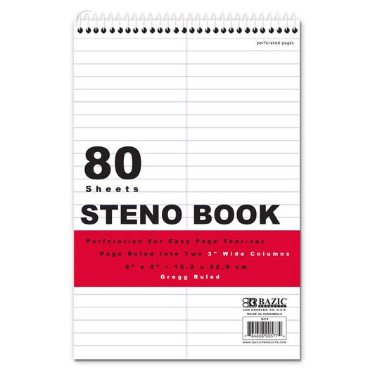 BAZIC 80 Ct. 6" X 9" White Paper Gregg Ruled Steno Book [577]