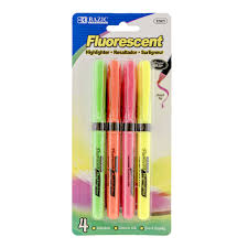 BAZIC Pen Style Fluorescent Highlighters w/Cushion Grip (4/Pack) [2321]