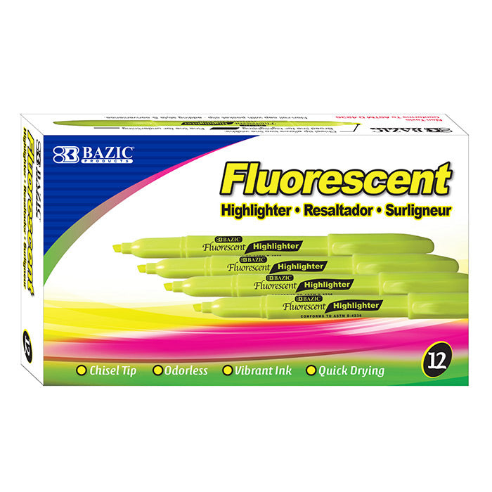 BAZIC Yellow Pen Style Fluorescent Highlighter w/Pocket Clip (12/Box) [2303]