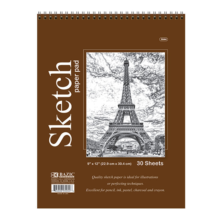 BAZIC 30 Ct. 9" X 12" Top Bound Spiral Sketch Pad [5044]