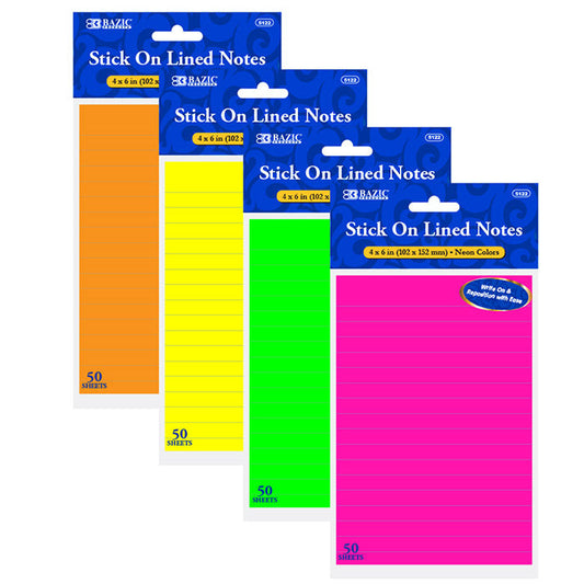 BAZIC 50 Ct. 4 X 6 Neon Lined Stick On Notes [5122]