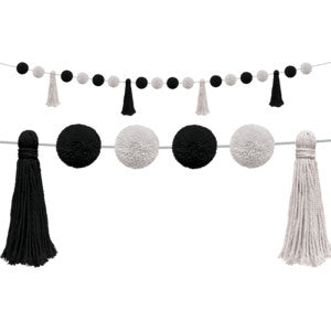 Black and White Pom-Poms and Tassels Garland [TCR8902]