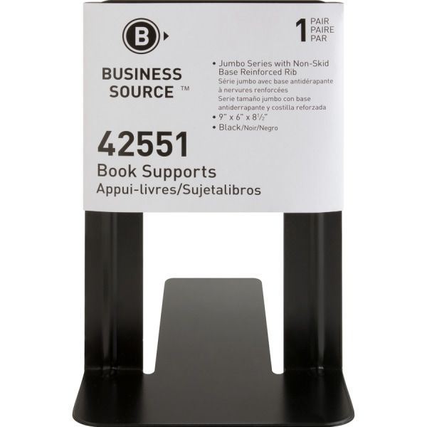 Business Source Heavy-gauge Steel Book Supports - 8.5" Height x 9" Width x 6" DepthDesktop - Non-skid Base, Scratch Resistant, Stain Resistant - Enamel - Black - Steel - 2 / Pair [BSN42551]