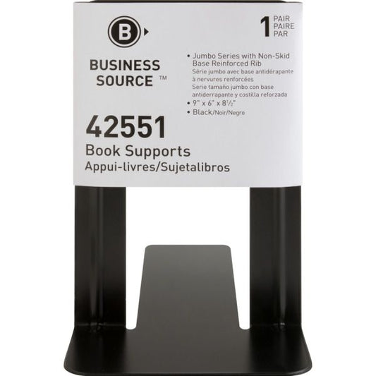 Business Source Heavy-gauge Steel Book Supports - 8.5" Height x 9" Width x 6" DepthDesktop - Non-skid Base, Scratch Resistant, Stain Resistant - Enamel - Black - Steel - 2 / Pair [BSN42551]