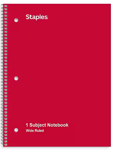 Staples 1-Subject Notebook, 8" x 10.5", Wide Ruled, 70 Sheets, Assorted Colors (ST54893C) [ST54893]