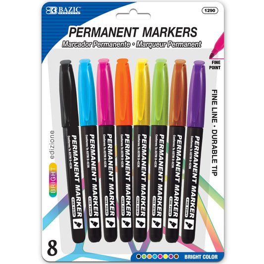 BAZIC Bright Colors Fine Tip Permanent Markers w/ Pocket Clip (8/Pack) [1290]