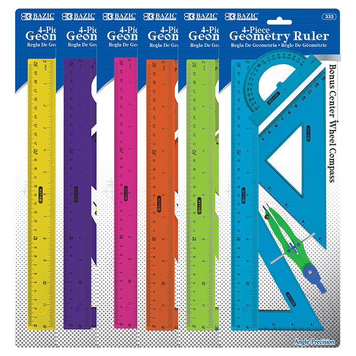 BAZIC 4-Piece Geometry Ruler Combination Sets w/ Center Wheel Compass [333]